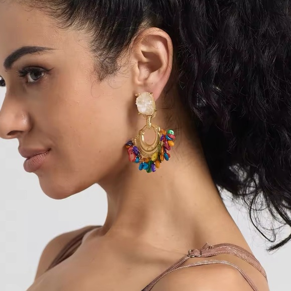 Zara Colorful Stones Beaded Druzy Hoop Earrings - Picture 6 of 7